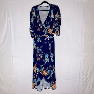 Kiyonna Blue Orange Floral Half Sleeve Wrap Dress 3XL